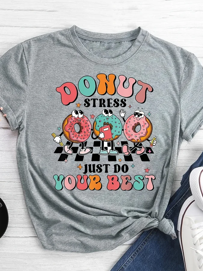 Cartoon Donut Print T-shirt, Short Sleeve Crew Neck Casual Top For Summer & Spring, Women's Clothing