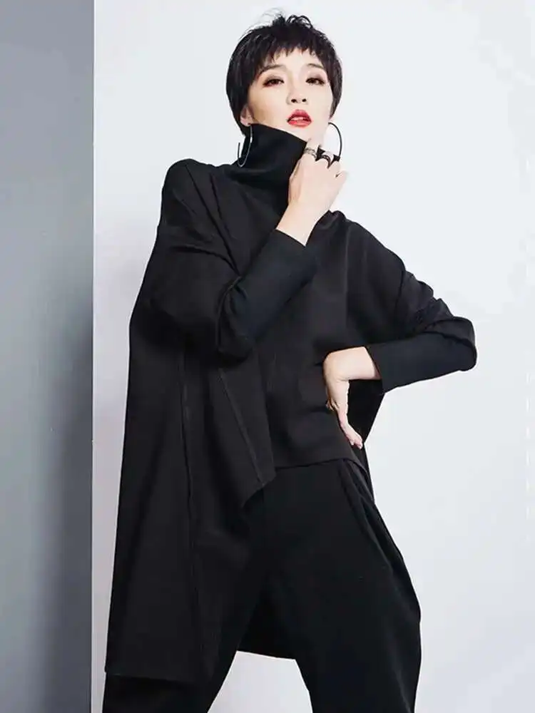 

Women Black Back Long Irregular Big Size Long T-shirt New Turtleneck Long Sleeve Fashion Tide Spring Autumn