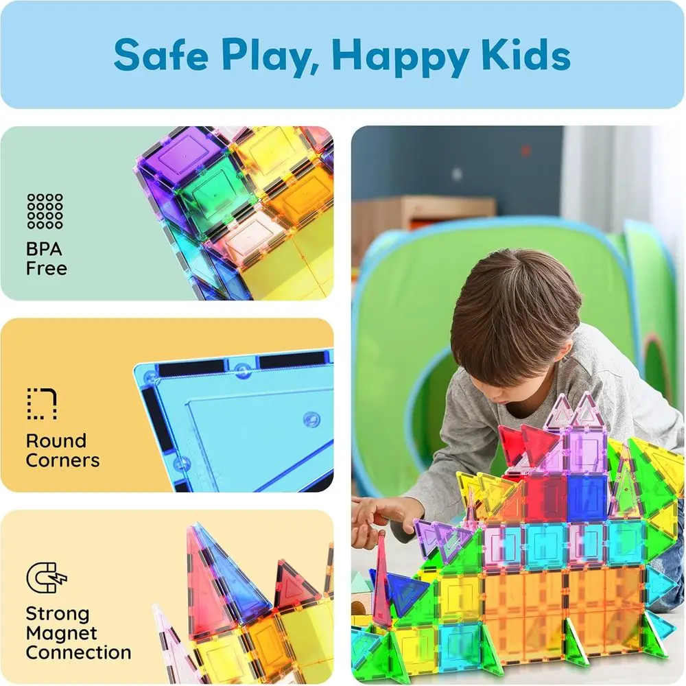 101ピースの磁気ビルディングブロックSTEMキット、3歳以上のお子様向け、収納ビン付き