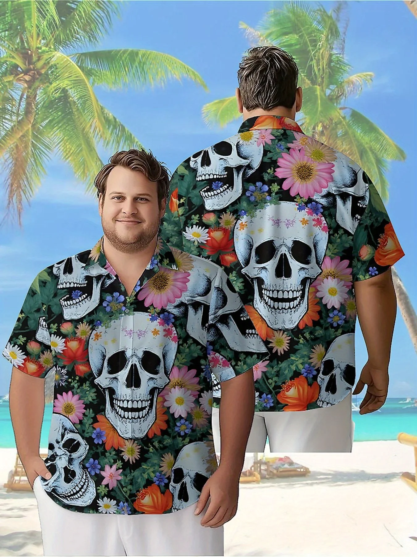 

Men's Plus Size Hawaiian Shirts Tropical Butterflies and Roses Pattern, Summer Casual Tops, Outdoor and Party, Streetwear