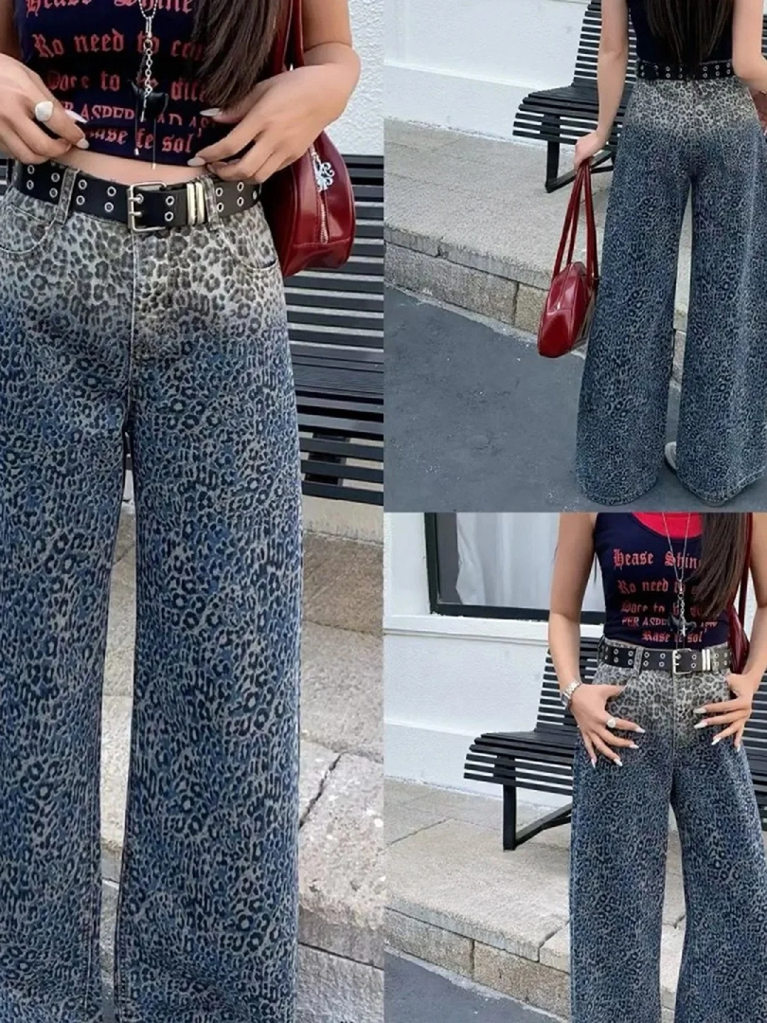 

Spring 2026 New Vintage Casual Slim Fit Heavy Embroidery Leopard Print Small Cuffed Denim Jeans High Waist Wide Leg Pants