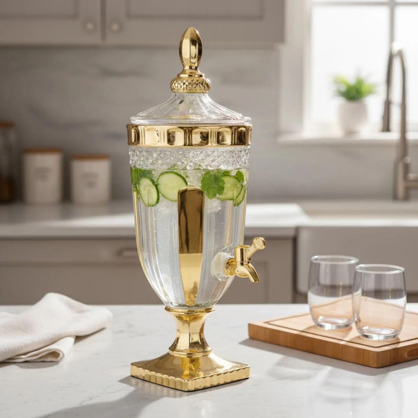 

Glass Beverage Dispenser with Spigot Transparent Structure Crystal Cut Water Container Vintage Design Drink Jar Wide Opening