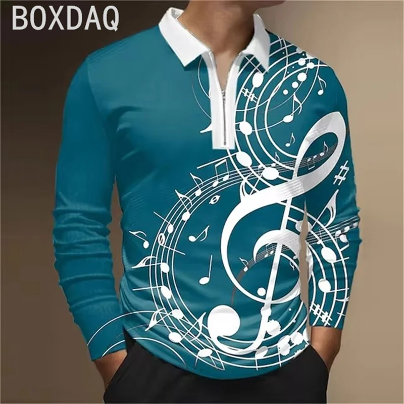 Fashion Men Long Sleeve Zipper Polo Shirt Funny 3D Music Notes Graphic Print Polo Shirt Oversized Men 6XL Personality Shirt Tops