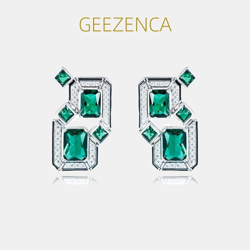 

GEEZENCA 925 Sterling Silver Green Stone Zircon Stud Earrings For Women Geometric Minimalism Luxury Chic Earring 2024 New Gift