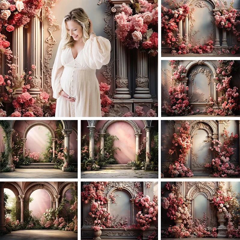 Spring Maternity Portrait Backdrop Marble Wall Pink Flower Decor Stonehenge Studio Photo Props Photography Background Photocall