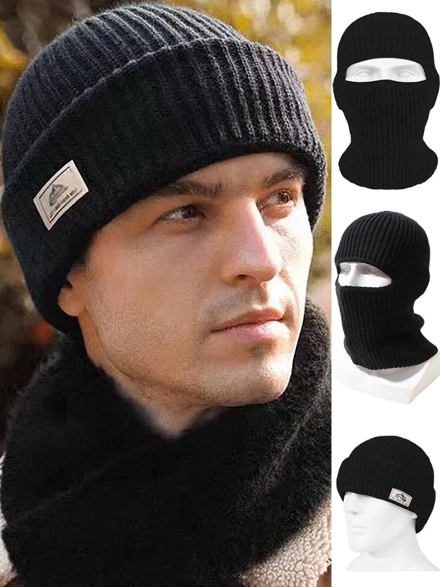 AliExpress NONE 2In1 Winter Beanies Hats for Men Women Warm Knitted Balaclava Cap Windproof Solid Full Face Ski Mask Bonnet Cycling Earmuffs Hat