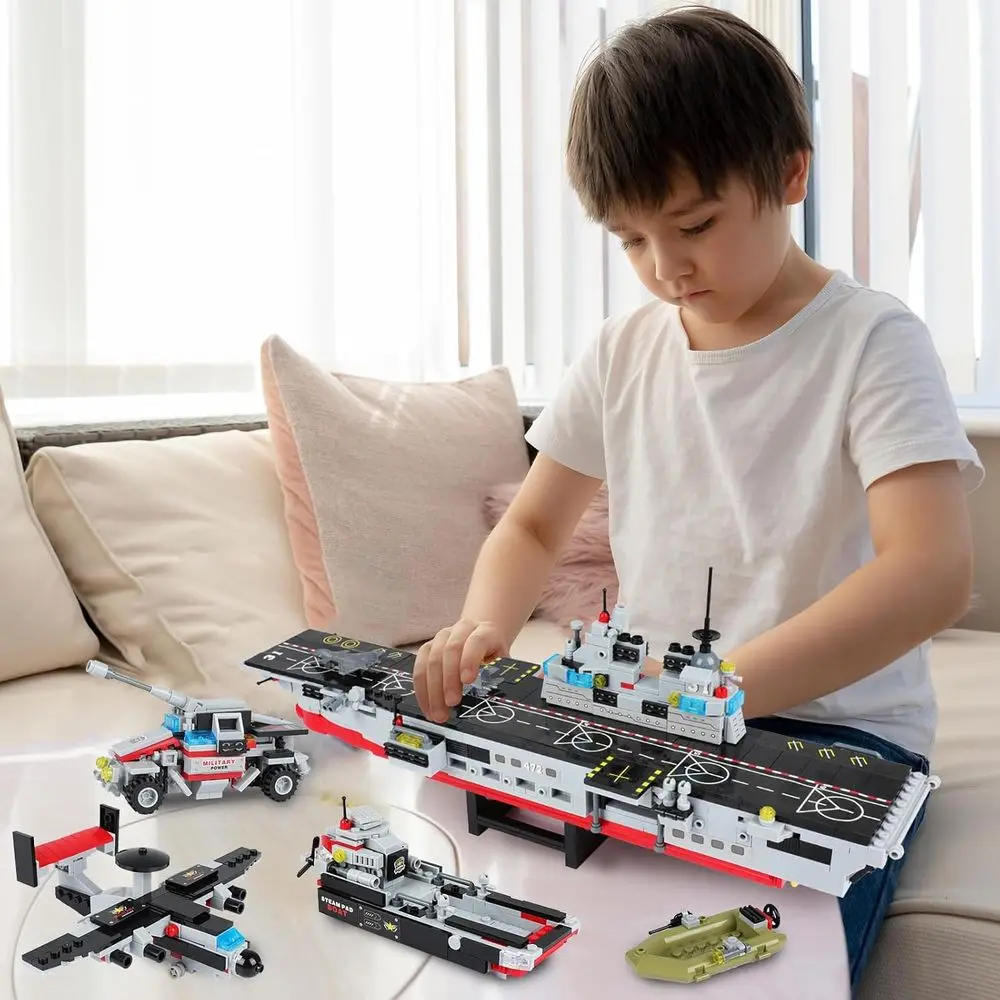 1161-Piece Military Aircraft Carrier Building Set with Patrol Boat & Fighter Plane for Kids Aged 6-12