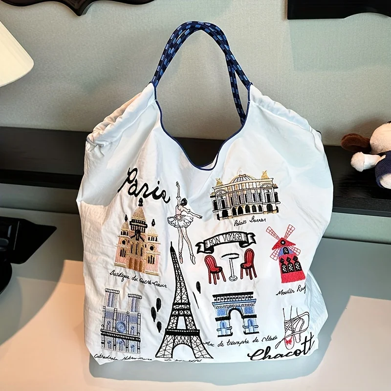 Paris-Themed Large Capacity Embroidered Tote Bag, Summer Beach Vacation Shoulder Bag, Lightweight Nylon Everyday Handbag