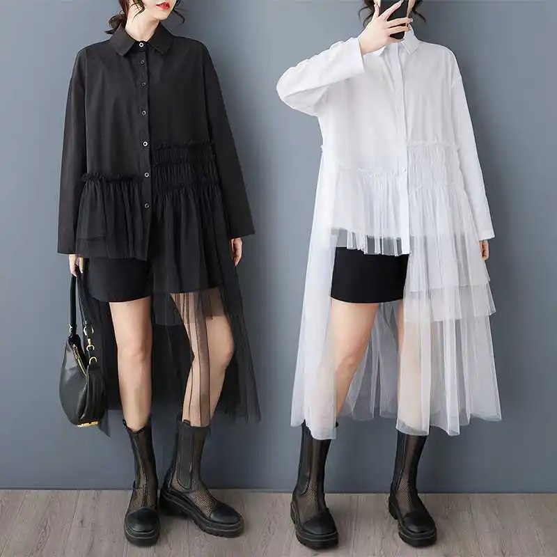 

[Vibe] Women Black Mesh Irregular Spliced Long Big Size Blouse New Lapel Long Sleeve Shirt Fashion Spring Autumn 2025