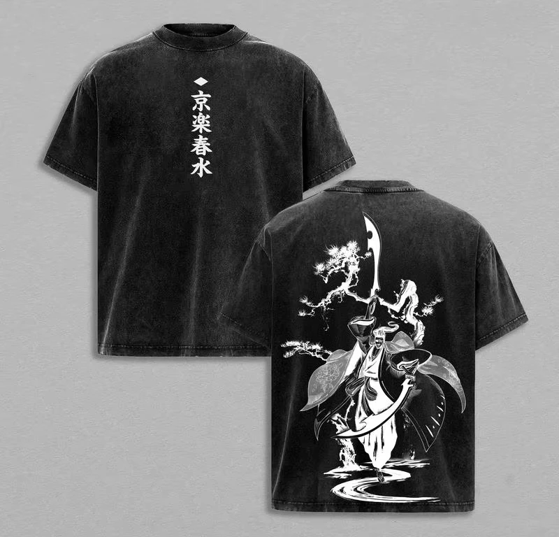 Bleach Kyoraku Shunsui Anime T-shirt Men Women Cotton Vintage Washed Graphic Print Short Sleeve Oversized Harajuku Otaku Top