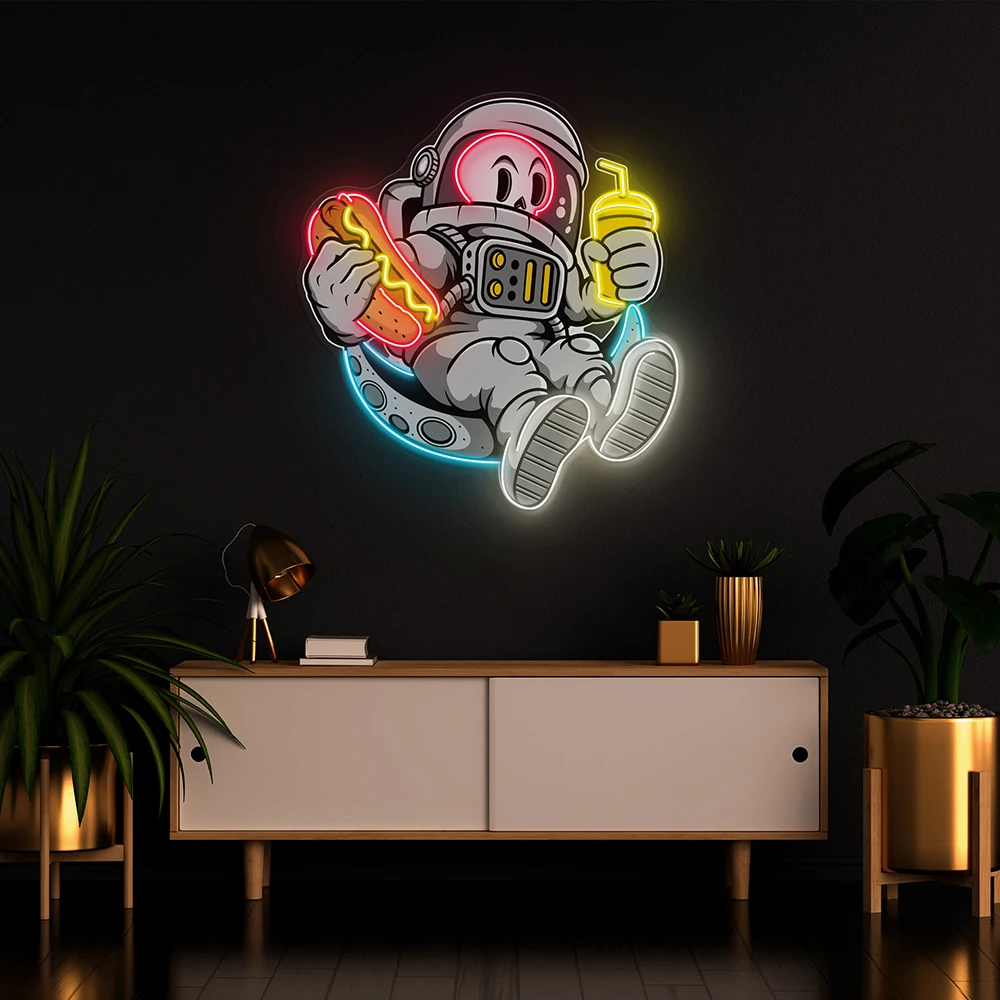 

Astronaut Eating Hotdog Artwork Led Neon Sign Light Custom Fast Food Shop Wall Decor Neon Sign Restaurant Kitchen Wall Art Decor