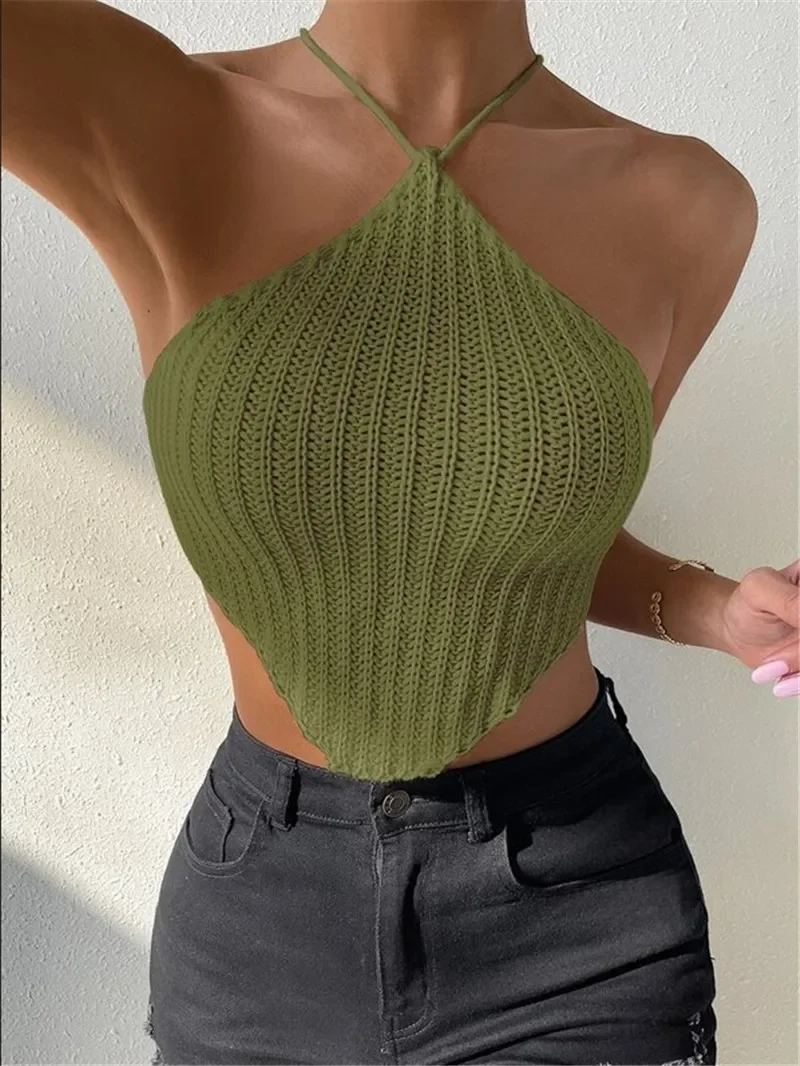 Women\'s Tank Top, Casual Tie Up, Neck Hanging Knit Design, Knit Sweater Style Chest Wrap, Solid Color, Sexy and Elegant