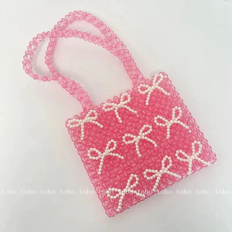 Homemade Pink Kawaii Cosmetic Bag for Makeup Transparent Bead Women's Purse Vintage Pearl Bow Seaside Beach Tote Bags