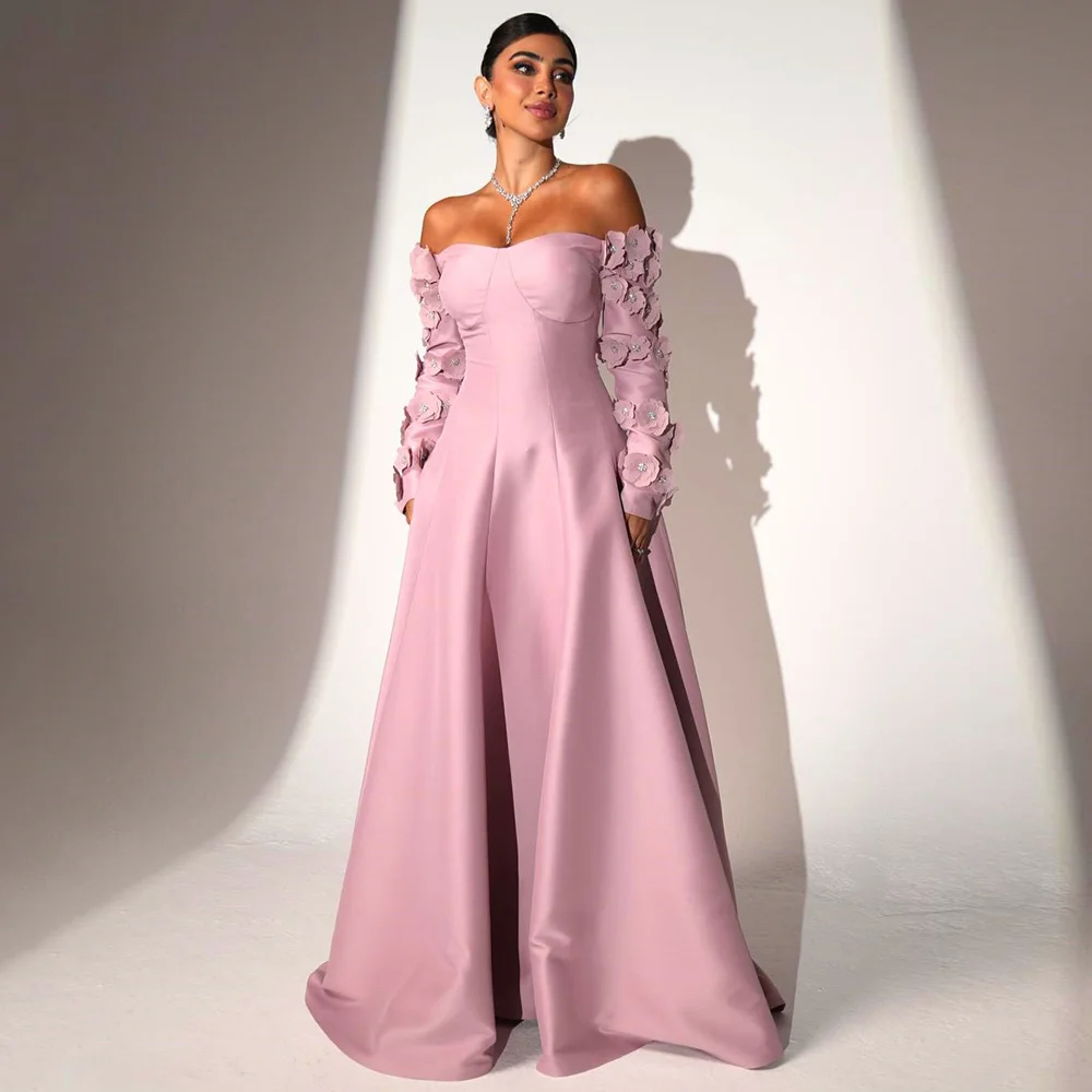 패션 꽃 이브닝 드레스 맞춤 제작 스위트하트 롱 슬리브 A라인 사우디 아라비아 파티 가운 코르셋 프롬 드레스
