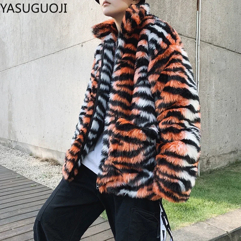 YASUGUOJI Winter Men Faux Fur Tiger Pattern Coat Jacket Male Fashion Loose Warm Coat Male Streetwear Thicken Outwear Oversize