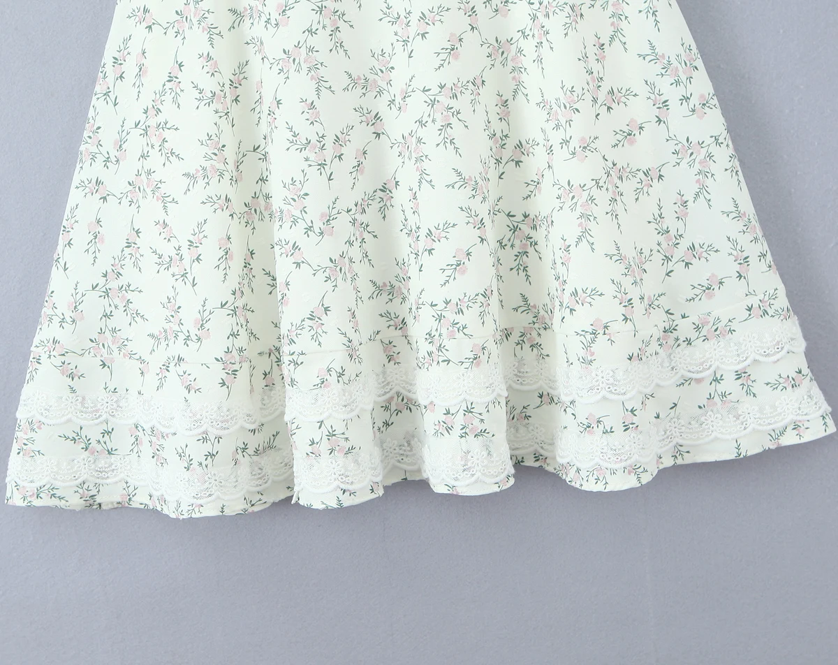 2025 floral impressão orelhas de madeira arco peito espartilho estilo estilingue vestido feminino emendado renda 2 camadas hem festa skater mini vestidos robe