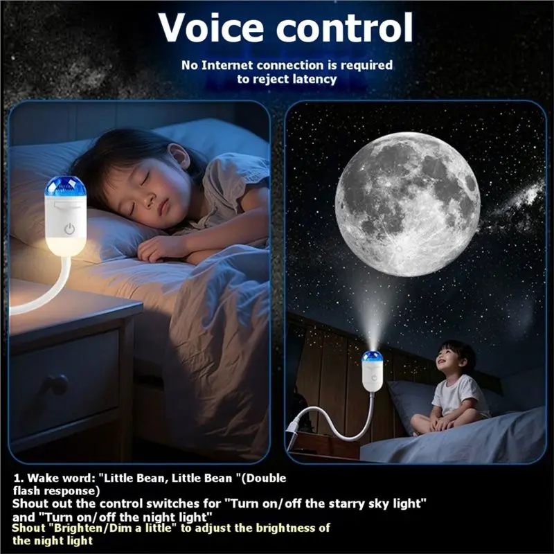 ABMH-Star Projector Night Light 2 In 1 USB Star Projection Lamp Portable Mini LED Nightlight Wall Lamp Voice Control