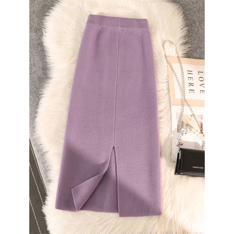 Autumn Winter Thick Simplicity Casual Solid Color Knitting Skirt Women Elegant Fashion A-line Skirt All-match Mid Length Skirt