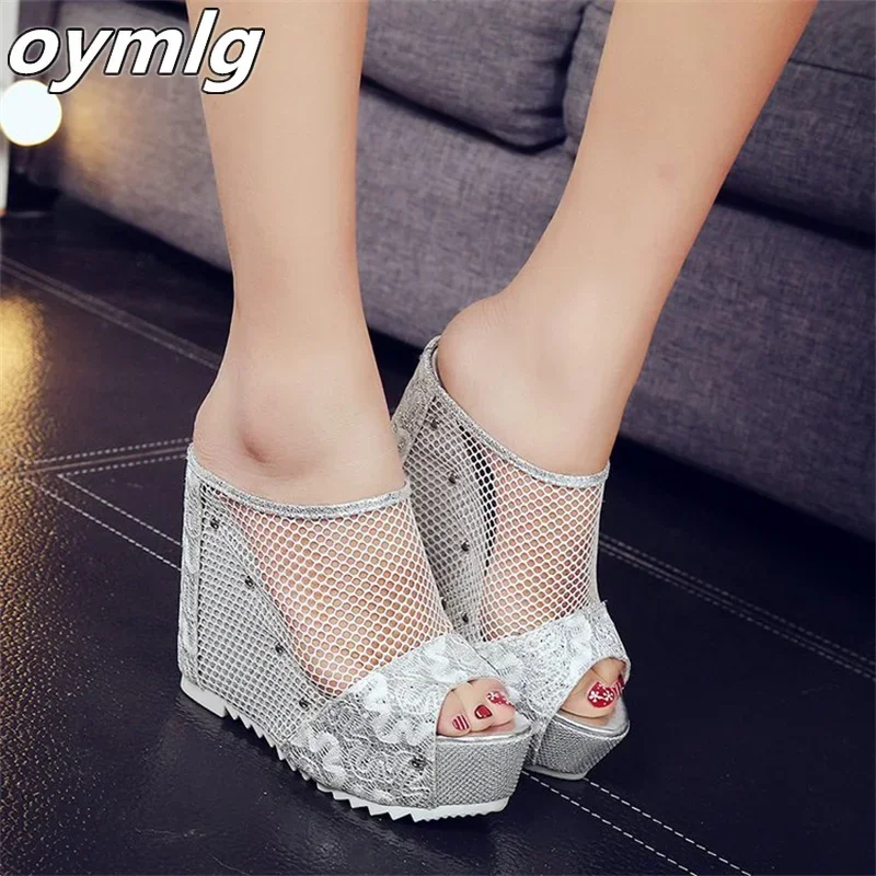 2024 Summer Fashion Slope Heel Fish Mouth High Heel Sandals with Matsu Bottom Hollow out Slippers Lace Sandals for Women