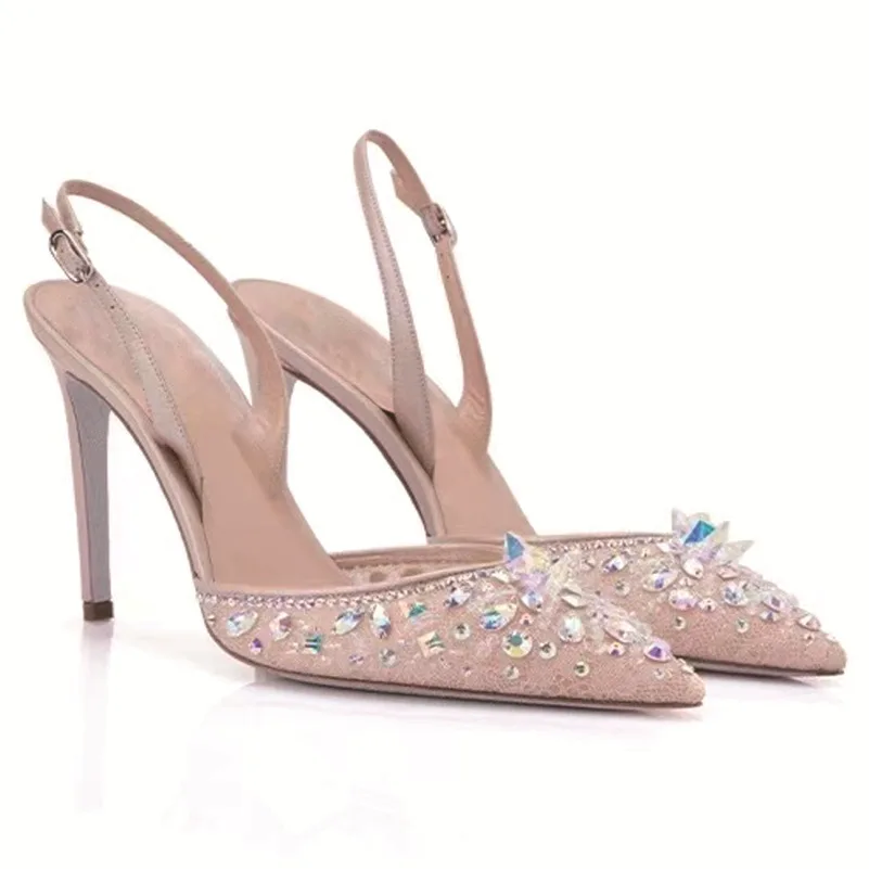 

Overseas Rhinestone Cool Slippers Pointed High Heels Wedding Shoes Bag Head Crystal Lace Mesh Drag Fairy Style Fashion Shoes