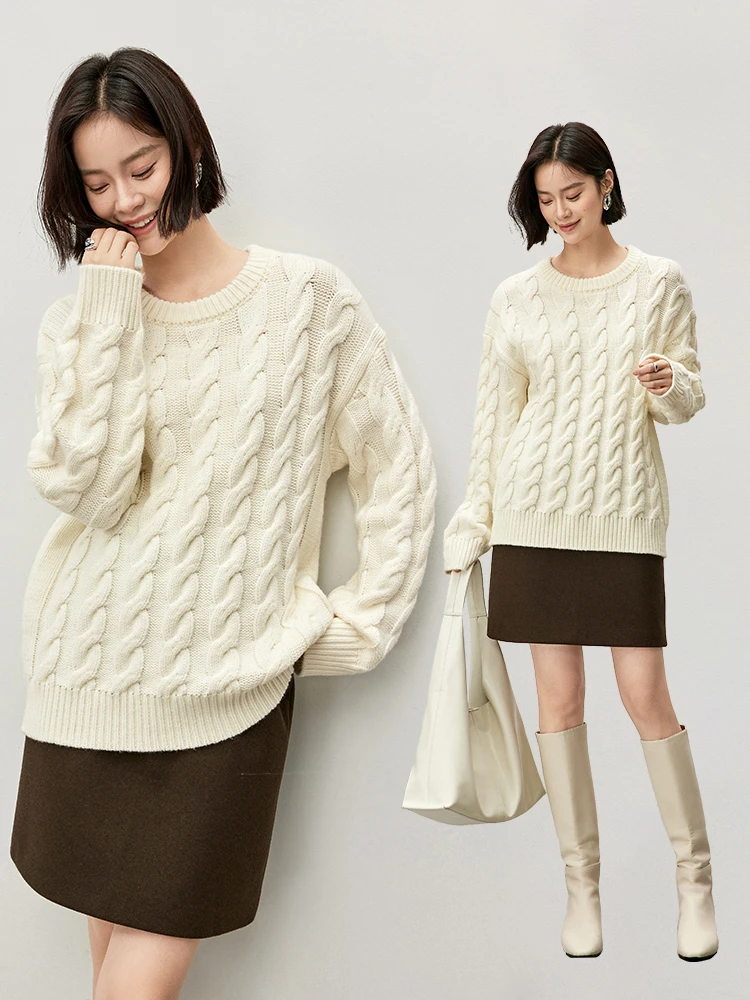 

SENTUBILA Casual Wool Knitted Pullovers Women 2024 Winter Oversize Warm Thread O Neck Drop Sleeve Female Sweaters W44E57007