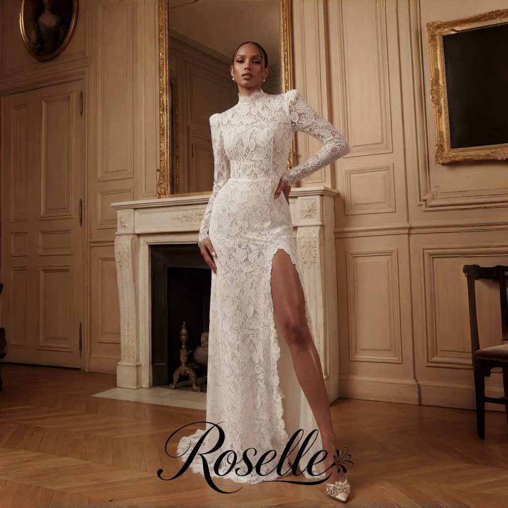 ROSELLE Lace High Side Slit Wedding Dress High Neck Long Sleeve Sheath Exquiste Backless Bridal Gown Customized свадебное платье