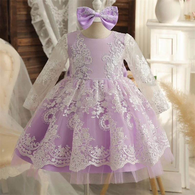 Baby Girl Mesh Flower Embroidered Princess Purple Gown Wedding Bridesmaid Flower Girl Dress Birthday Evening Party Big Bow Dress