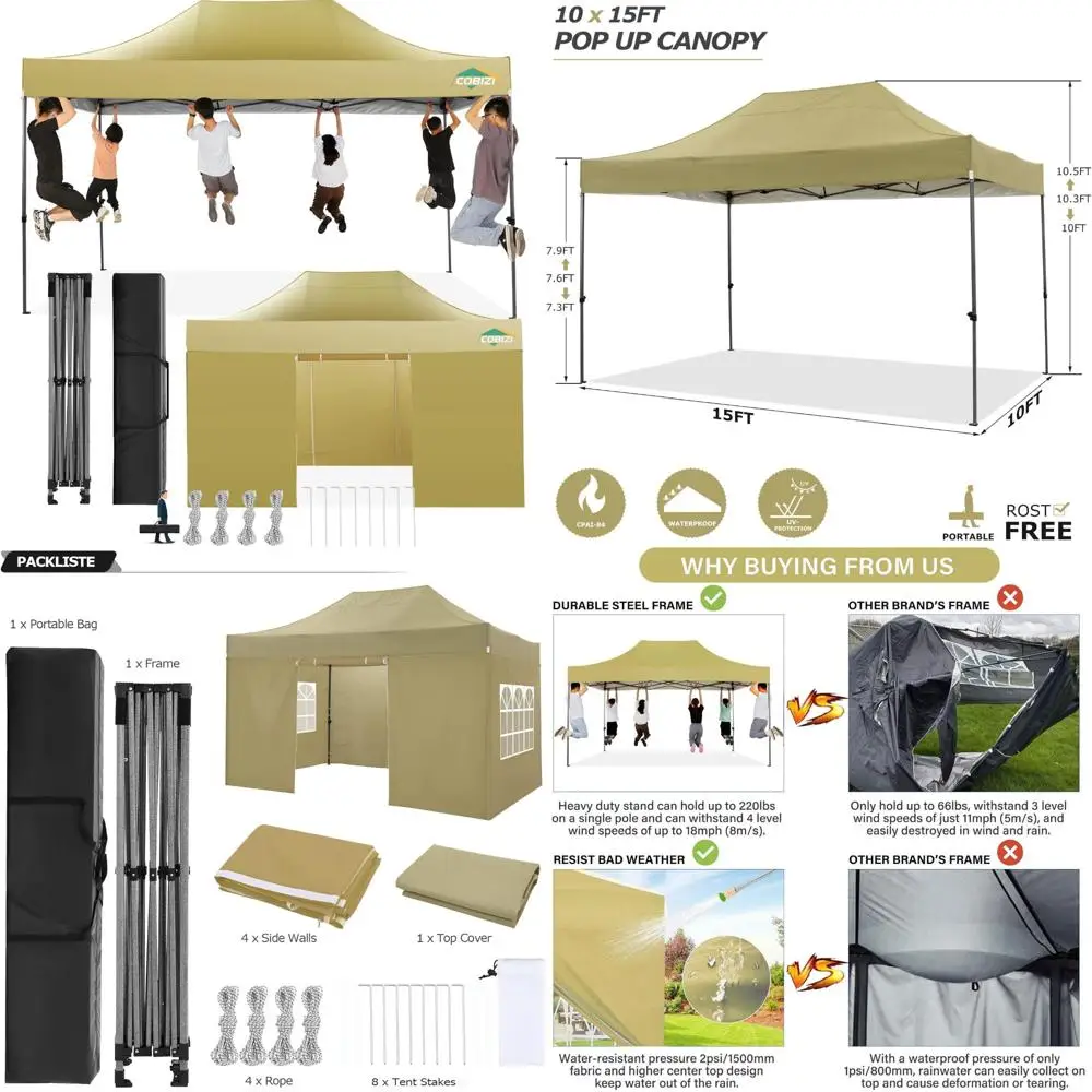 

Сверхмощный выдвижной навес 10x15 с 4 боковыми стенками, UPF 50+, водонепроницаемый, всесезонный укрытие для свадебной вечеринки на открытом воздухе