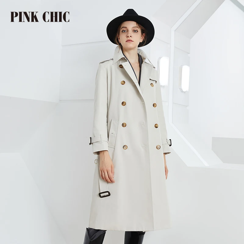 PINK CHIC New British Spring Autumn Windbreaker Women Lapel Collar Double Breasted Waist Belt Commuting Coat Grace Trench 667-1