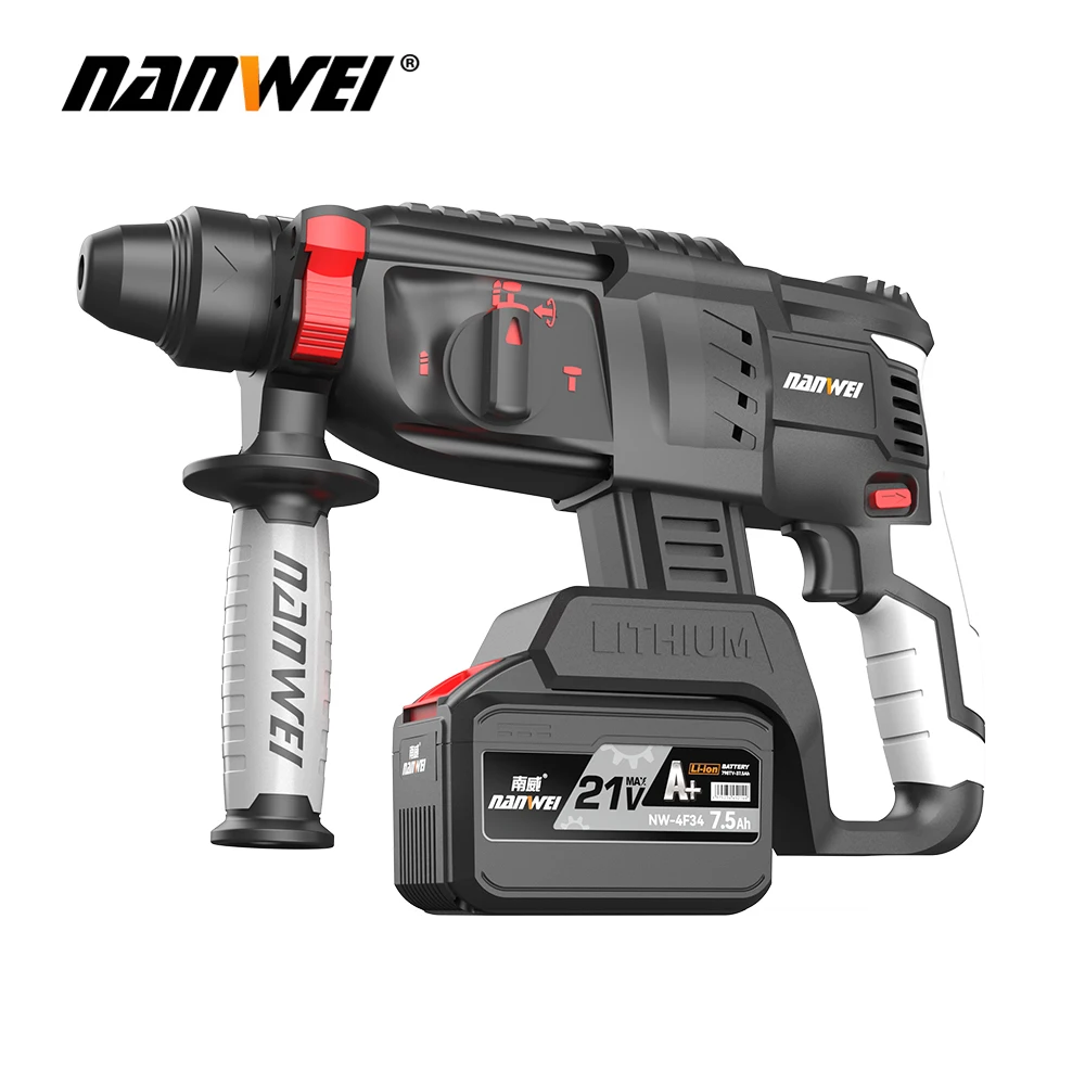 NANWEI 21v Electric drill Heavy Cordless Rotary Impact Hammer Concrete Breaker drill with Portable Tool Storage Box