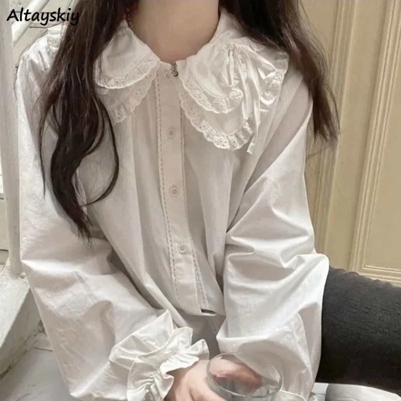 

Peter Pan Collar Shirts for Women Japan Style Kawaii Girls Simple Young Long Sleeve Spring Jk Ruffles Design Casual Loose Chic