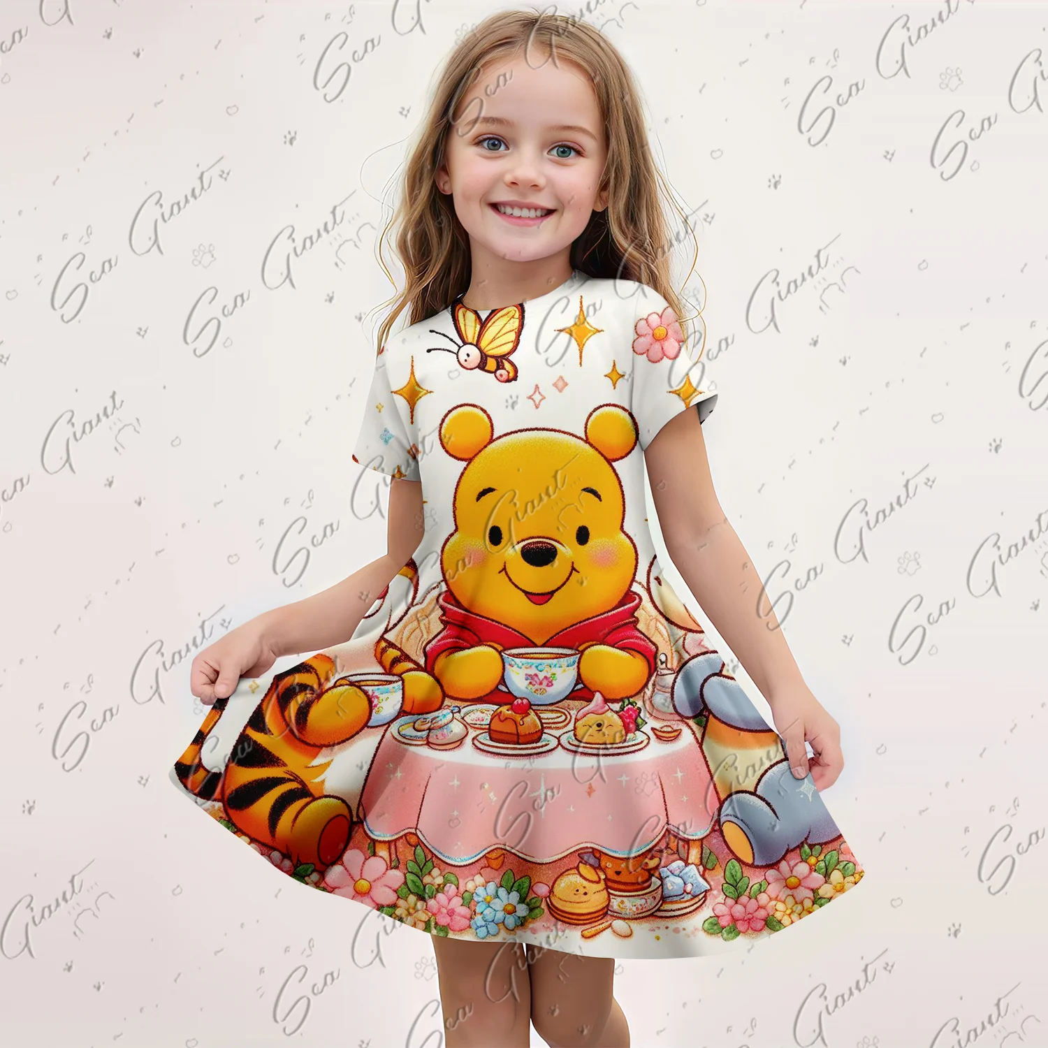 New MINISO Summer Girls Pooh Bear 3D Printing Princess Dress Fashion Cartoon Cute Dress Kids Funny Short Sleeve Cosplay Clothing