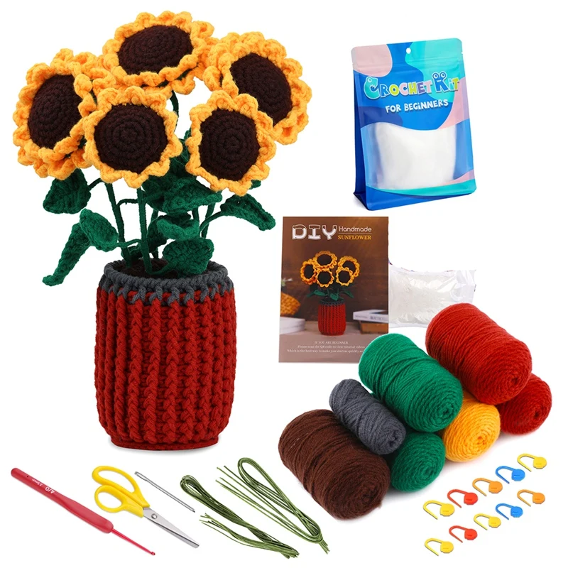 Kit de crochê diy girassol planta crochê kit com agulhas de fio de tricô boneca de pelúcia fácil