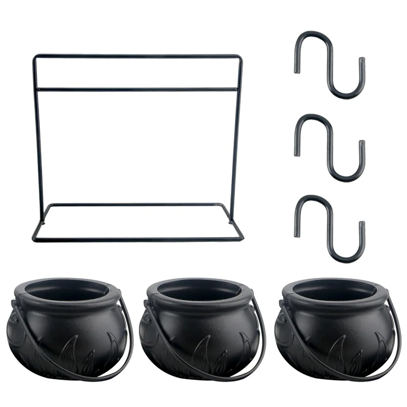 3Pcs Halloween Witch Cauldron Candy Bowl Cauldron Serving Bowls With Halloween Cauldron On Rack And 3Pcs Hook