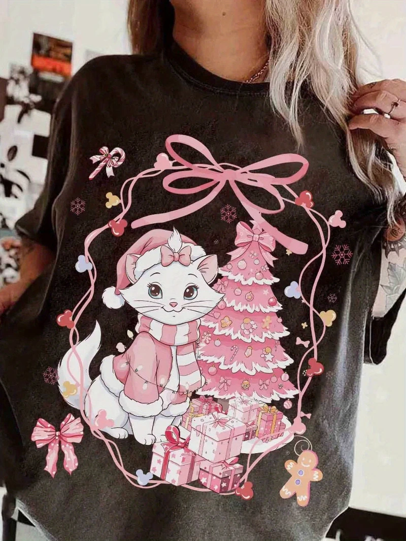 

Disney Women's Casual T-shirt, Playful Bow Disney Mary Cat Pink Christmas Tree Shirt, "Cat Adventure" Christmas T-shirt