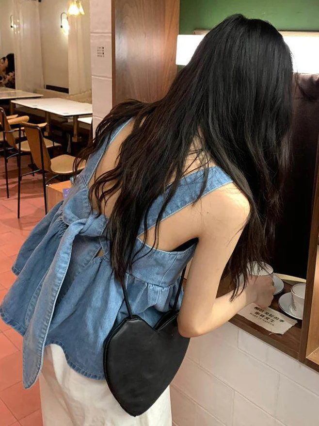 

Loose plus Size Denim Vest Women's Summer Knot Backless Strap Doll Shirt Top Sweet Style Short Sleeveless Blouse