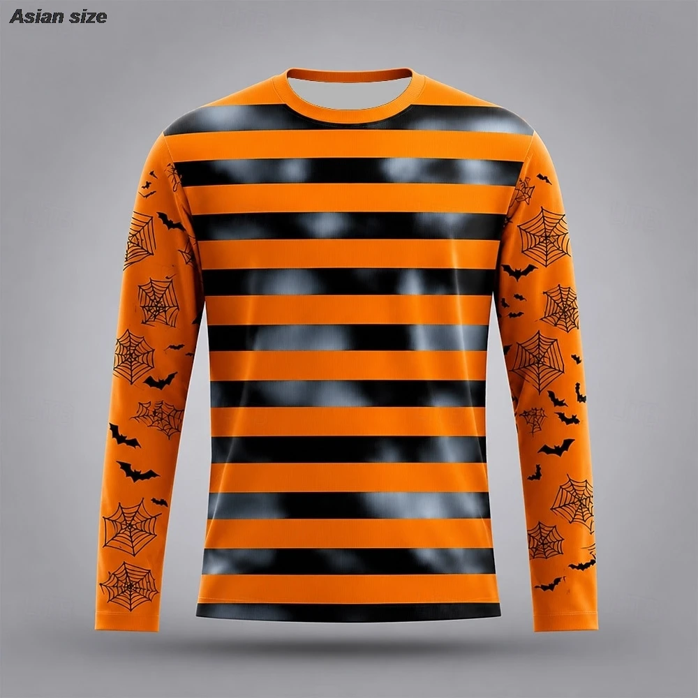 Halloween Men's Pumpkin Bat Spider web T Shirt Long Sleeve T shirt 3D Print Crew Neck Shirt Dark