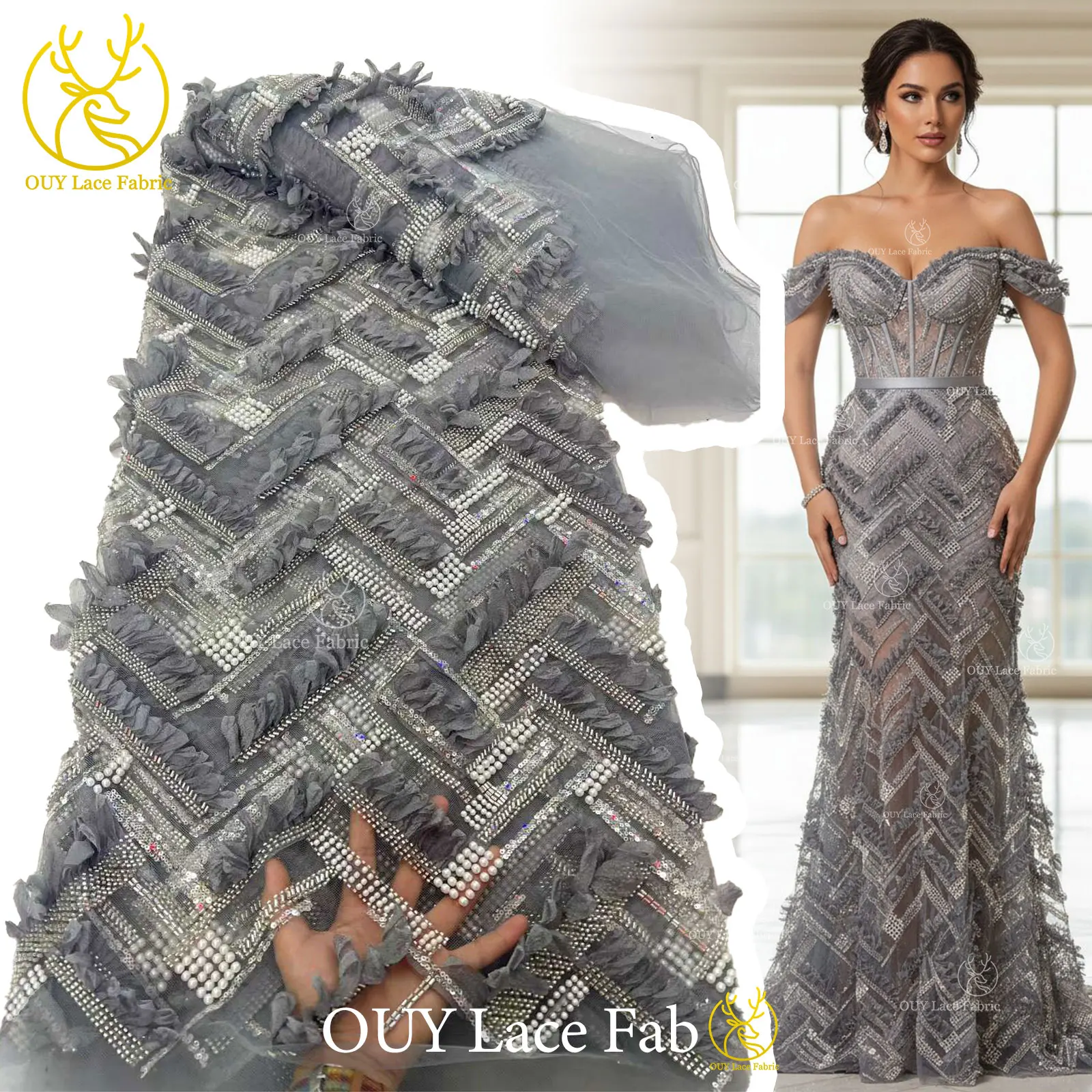 

Новый дизайн: 3D африканское кружево с бисером, высококачественная французская тюлевая ткань с пайетками для пошива свадебных платьев в нигерийском стиле, коллекция 2026 года