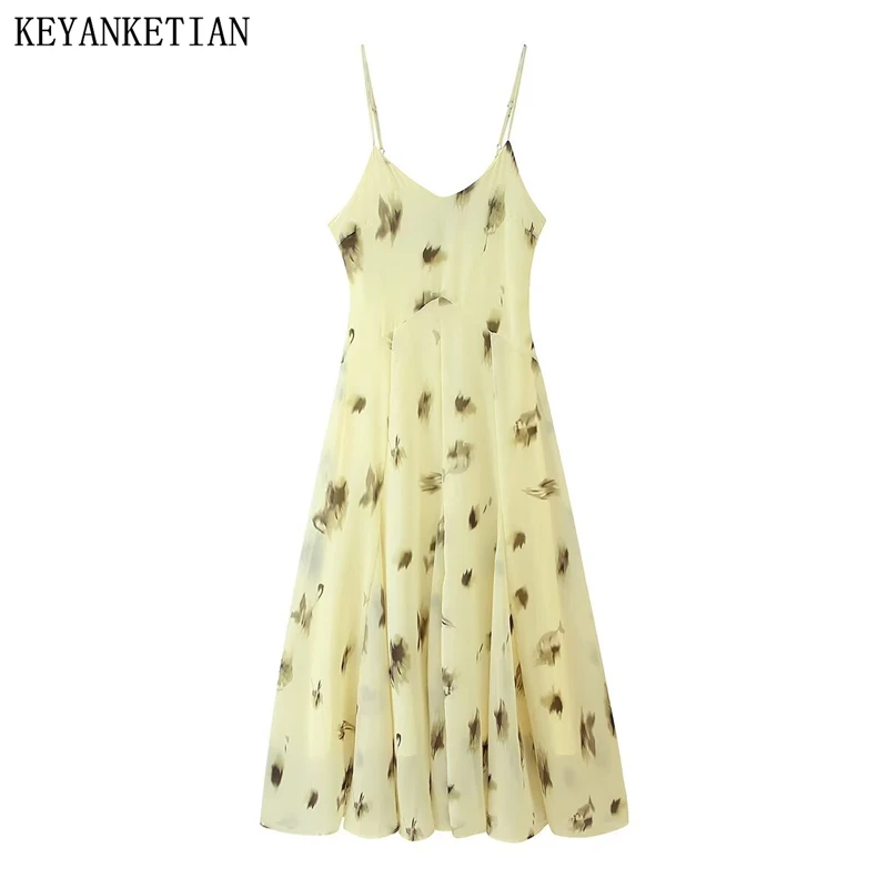 

KEYANKETIAN 2025 Summer New Women's Tie-dyed Print Chiffon Dress Holiday wind Sexy Lace Up Backless A Line Slip MIDI Dresses