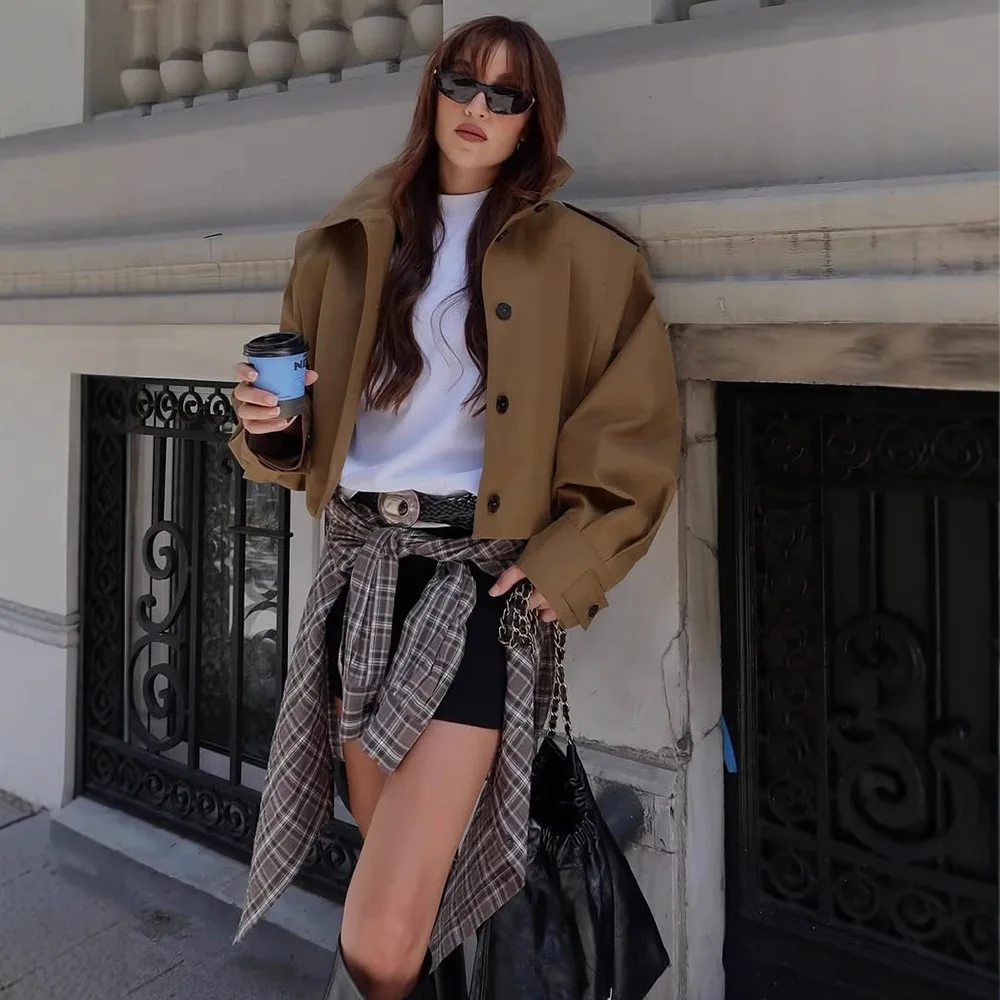 

Retro Brown Women's Autumn Pilot Jacket Lapel Collar Turn Down Collar Trench Coat For Female Chic High Street Lady's Outerwear