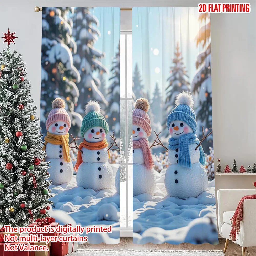 

2pcs 2D flat printing Merry Christmas Window Drapes Snowman Paradise Versatile Durable Polyester Without Electricity Party