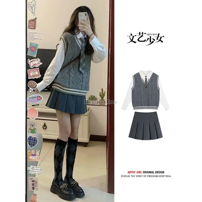 2023 Japan Korea Zoete Stropdas Shirt + V-hals Grijze Trui Vest Vest Casual Retro Fahsion Stijl Knit Uniform Jk Twee delige Set