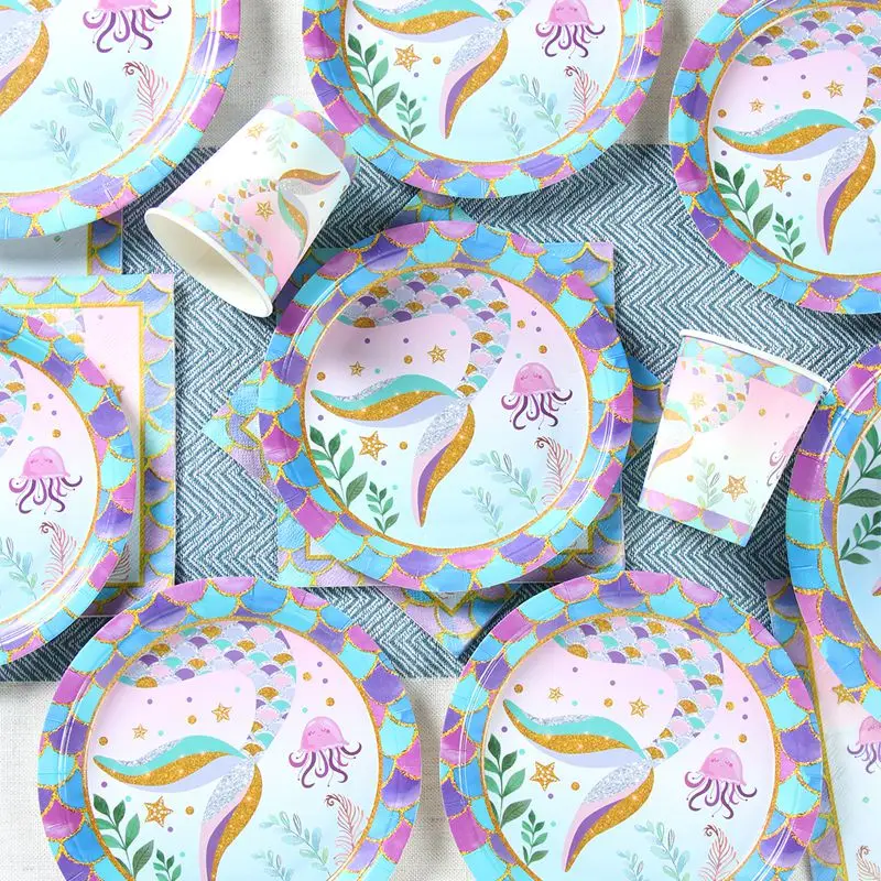 Little Mermaid Party Disposable Tableware Paper Plate Cup Napkin Tablecloth Summer Under Sea Party Mermaid Birthday Supplies