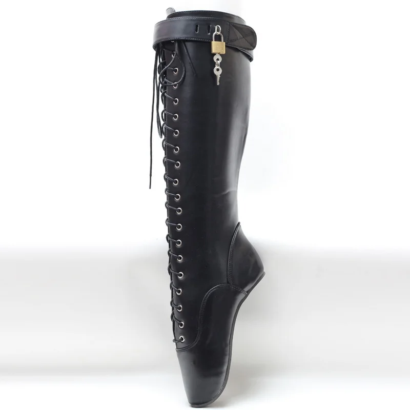 Caca 2023 Fetish Hoof Heelloze Dames Knie Hoge Balletlaarzen, Heren Cosplay Schoenen, Afsluitbare Band Botas,18Cm, Perzik, Zwart, Dropship