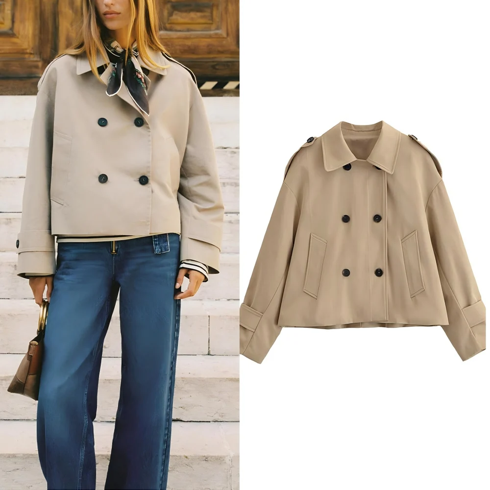 

Women's 2025 new casual short double breasted Windbreaker coat retro long sleeved side pocket women's coat chic top