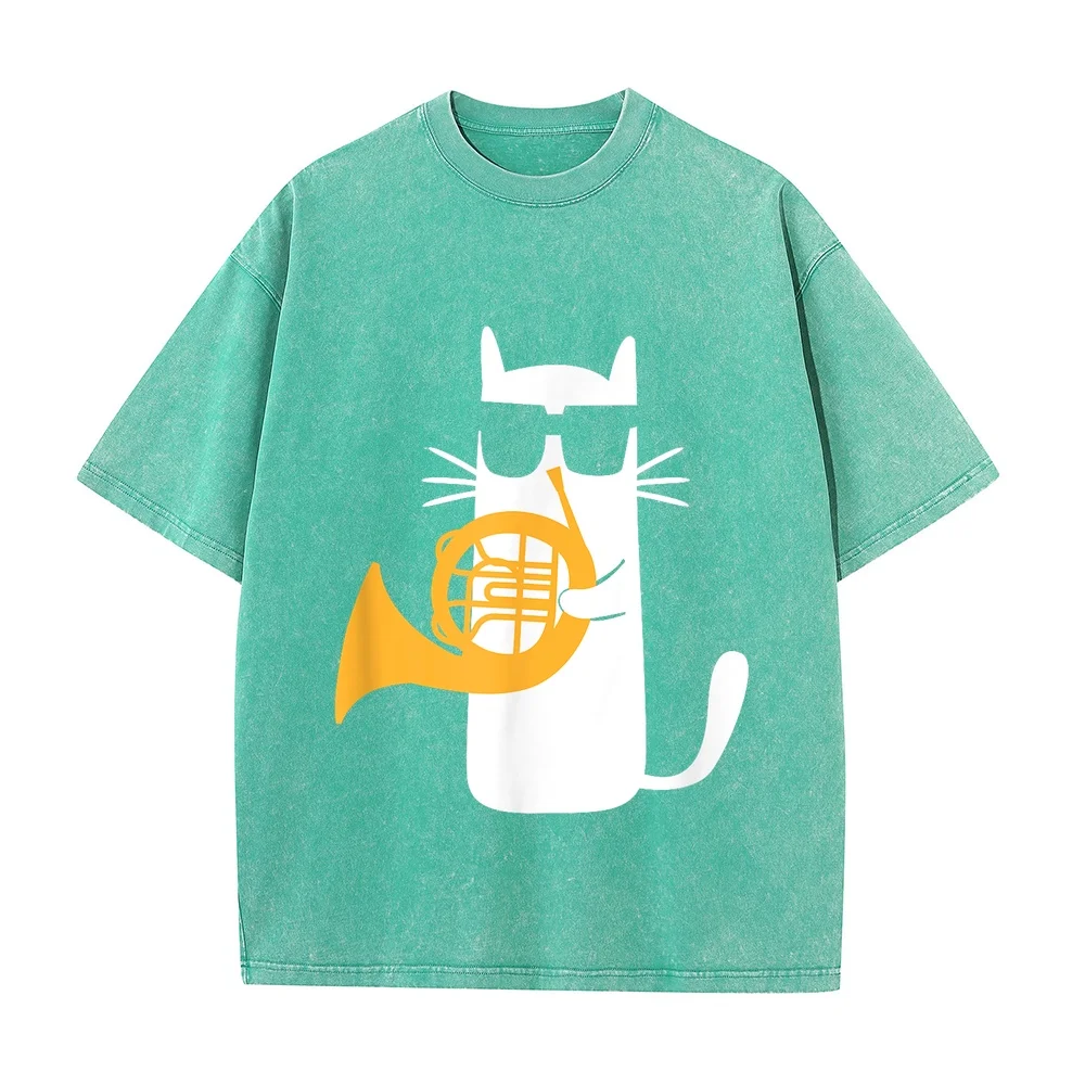 Cat French Horn Funny Lover T-Shirt Футболка Y2k Awesome Gift T Shirt Pet Owner Men Tee Short Sleeve Graphic Cotton Kitten