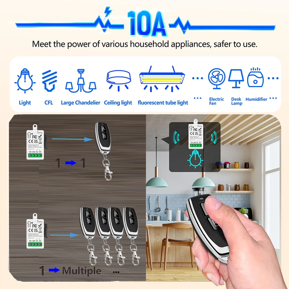 433MHz universal wireless remote control switch DC 12V 1CH 10A mini receiver light LED light garage door electromagnetic lock