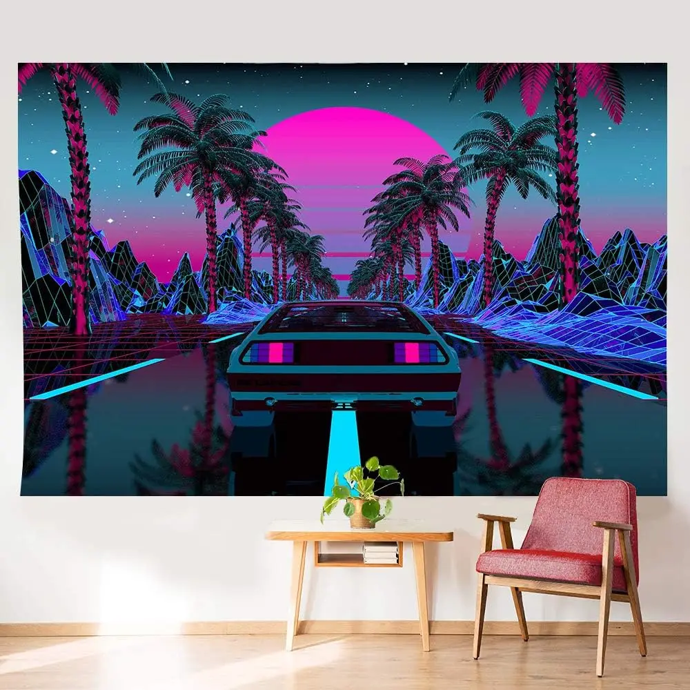 Urban Street Scene Tapestry Cars Palm Trees Sunset Starry Sky Poster Colorful Punk Wall Hanging Flannel Tapestry for Living Room