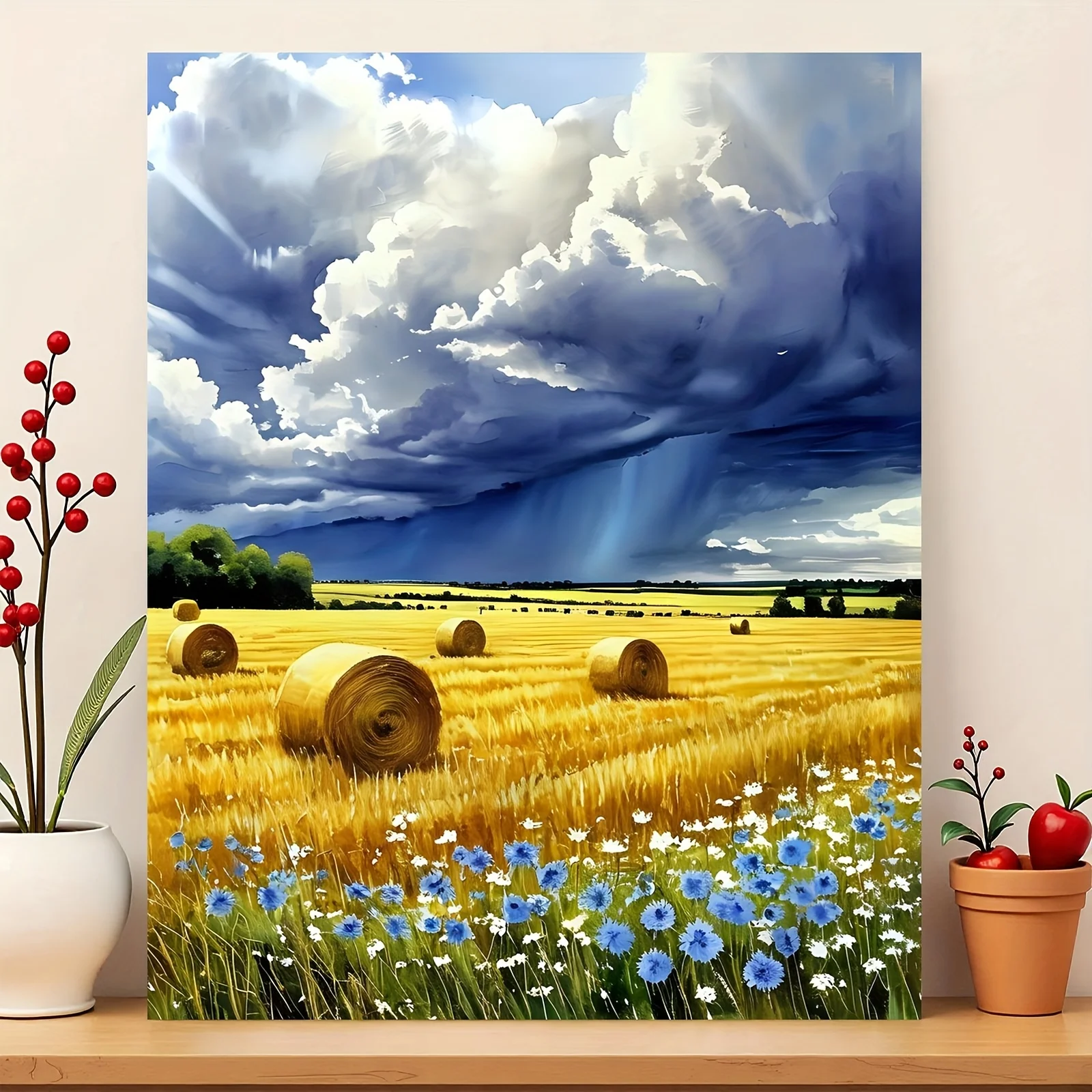 [2D Flat Frameless][Professional Art Use] 1pc Adult Wheat Field Haystack Wildflowers DIY Oil Painting by Numbers Kit, Framele