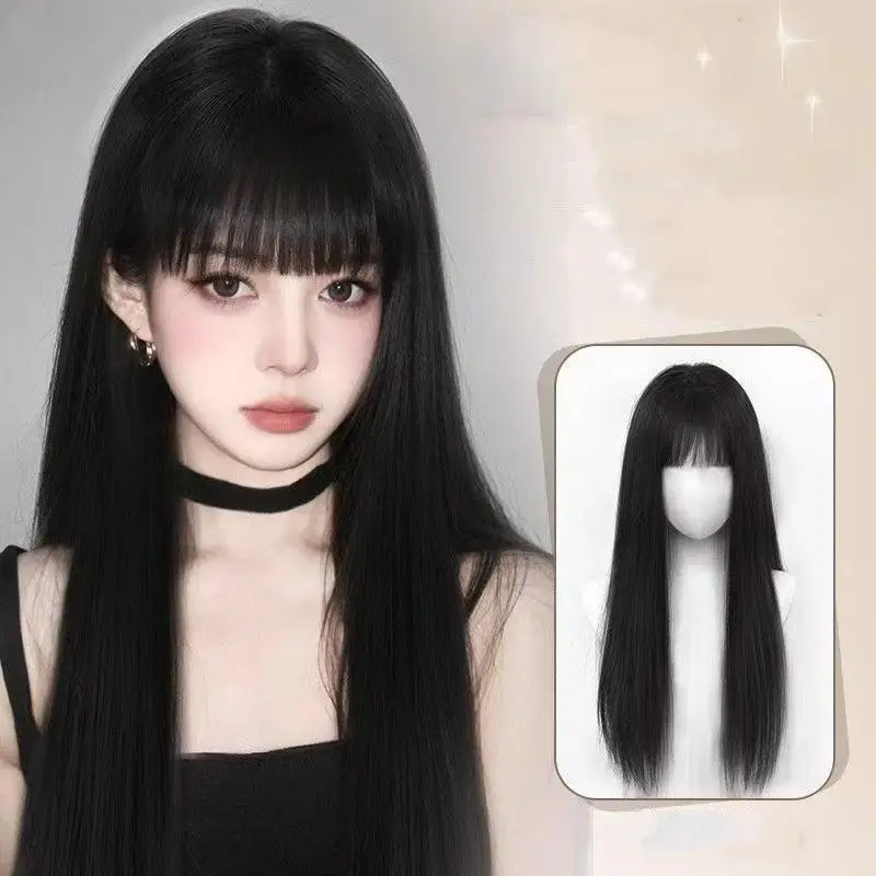 28in Long Black Straight Wig with Air Bangs for Women Heat Resistant Elegant Fashion Synthetic Wig for Daily Wear and Cosplay